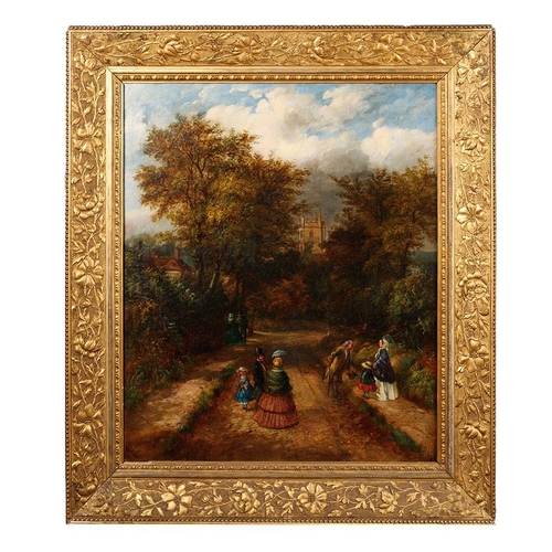 106 - William Ellis R.S.A, Oil on Canvas. Flamstead 'Going to Church. Signed, dated to verso. 1860. 49.5cm... 