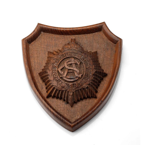 183 - WW1 Kings Crown Army Service Corps Carved Oak Wooden Shield Plaque 19cm by 17cm