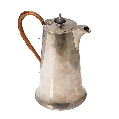 192 - Hallmarked sterling silver coffee pot with ebonised finial and wicker handle, Walker and Hall, Sheff... 