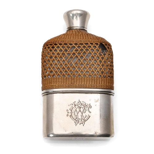 205 - Victorian silver and glass hipflask, with raten effect grip with removable silver cup, cork stopper ... 