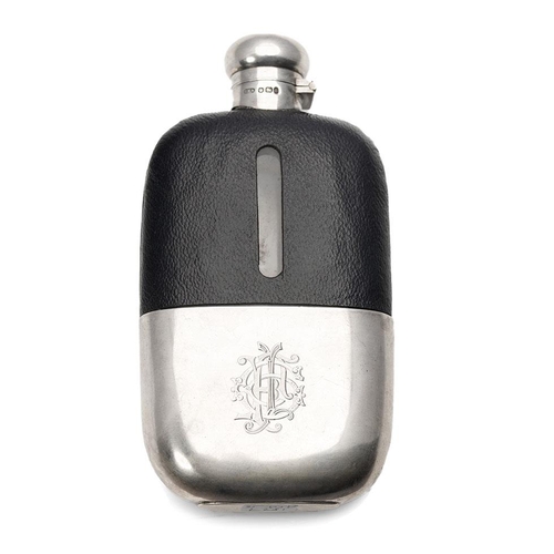 206 - Large silver and glass hipflask with leather grip, cork stopper to screw top lid, 17cm tall, Sheffie... 