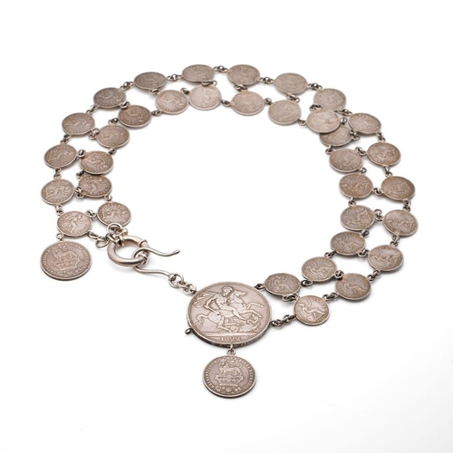 227 - Georgian and Victorian silver coin necklet / chain to include a Georgian 1822 crown with other Georg... 