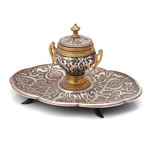 229 - Asprey & Sons 166 Bond Street silver plated inkwell with gilt highlights, 20cm wide.