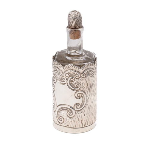 238 - Silver cased glass perfume bottle with silver and cork stopper, Birm 1900, AWP, 14cm tall.