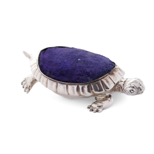 239 - Hallmarked silver pin cushion in the form of a tortoise, Birmingham 1906, makers CS FS, 8cm long.