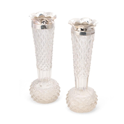 240 - A large pair of cut glass vases with silver rims, Birm 1899, William Hutton and Sons, 25cm tall (2).