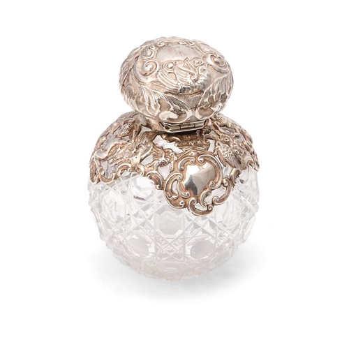 244 - Silver mounted globular perfume bottle, Chester 1900, 10.5cm tall, with glass stopper.