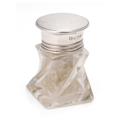 247 - Silver topped unique shape glass jar for smelling salts, with glass stopper, Birm 1933, BBS Ltd, 7cm... 