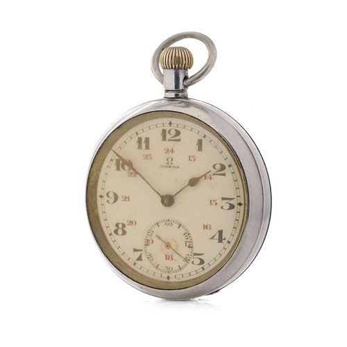 299 - A top winding Omega pocket watch with Arabic Numerals and subsidiary dial. Case diameter 38mm.