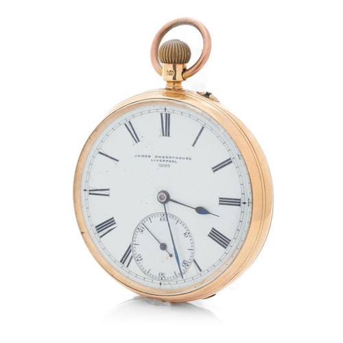 James Dwerryhouse, Liverpool 18ct gold open face keyless pocket watch, number 2603, 50mm wide, 108g.  Fully UK hallmarked inner & outer dust covers.  Running order.
