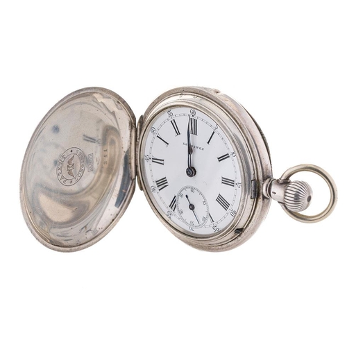 319 - Longines silver full hunter pocket watch marked .800 to inner case. White ceramic dial with Roman nu... 