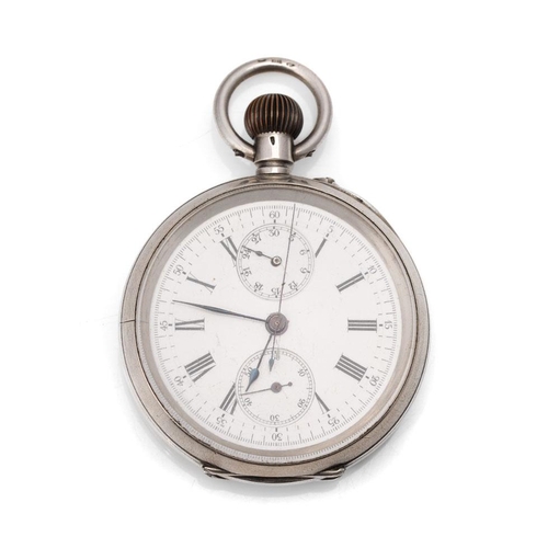 331 - Silver 0.935 chronograph pocket watch with central subsidiary dials, Roman numerals, in working orde... 