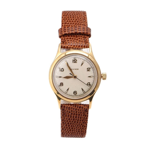 335 - Cyma 9ct gold gents manual wristwatch on leather strap, 30mm, in working order.