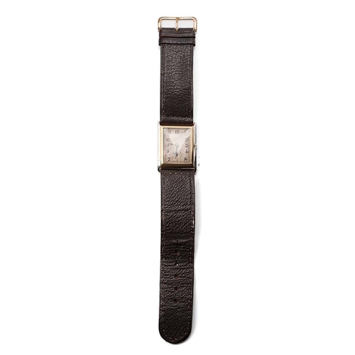 336 - 18ct gold and white gold cased vintage manual rectangular wristwatch, on leather strap, circa 1928, ... 