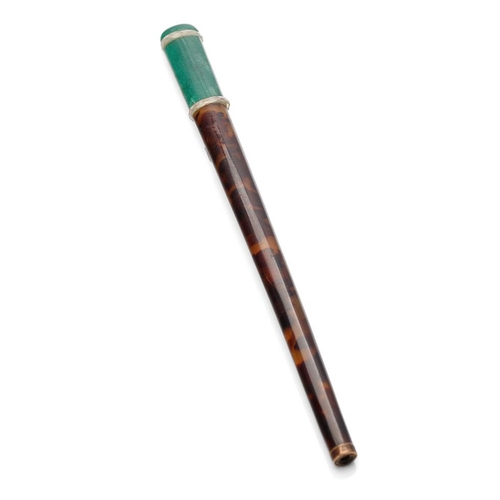 340 - A cane handle with tortoiseshell and jade or similar hard stone material with cut lead crystal segme... 