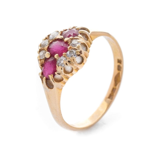 341 - An 18ct yellow gold ladies ring set with three rubies and diamonds. Size P 1/2. Gross weight 3.7 gra... 