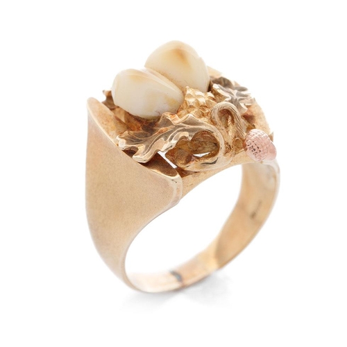 344 - 14ct yellow gold ring with oak leaf design and rose gold acorn set with two deers teeth. Of hunting ... 