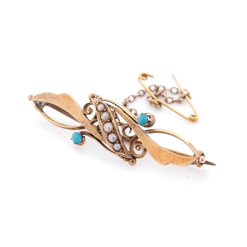 359 - 15ct gold brooch set with turquoise & seed pearls, weight 3.5g.