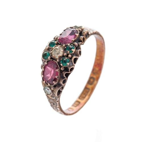 360 - Antique 15ct gold ring set amethysts and paste stones, 2.0 grams, hallmarked, size P/Q.