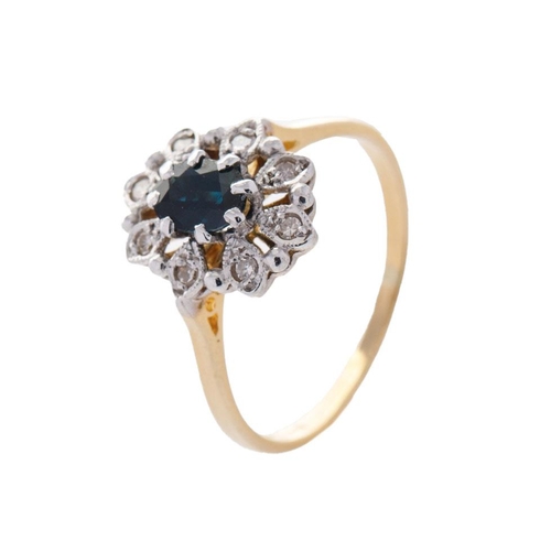 363 - 18ct gold ladies ring set diamonds and sapphire, 3.6 grams, size R.