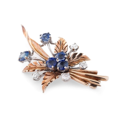 367 - A 9ct yellow gold floral spray brooch, claw set four old-cut diamonds and three round-cut sapphores ... 