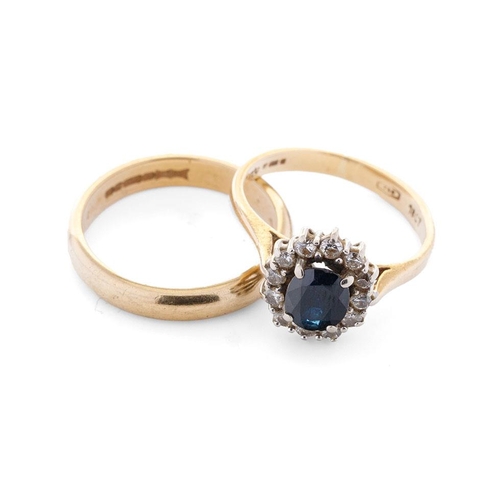 371 - An 18ct yellow gold wedding band, 3.6 grams, size K, with an 18ct gold sapphire and diamond cluster ... 