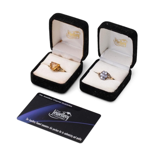 374 - A pair of 9ct gold rings, set citrine and tanzanite, combined 5.7 grams, 1 with certificate (2).