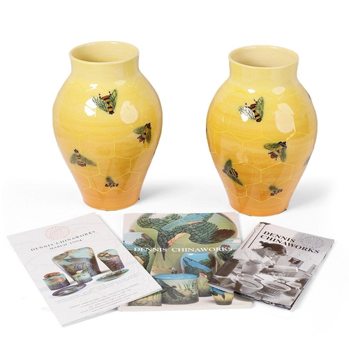 A pair of Dennis China Works bulbous vases, by Sally Tuffin, with a honeycomb and bee design, 24cm tall, impressed and painted marks, No. 20 & 21 (2) with quantity of related brochures.