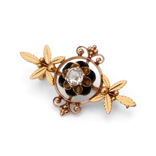 389 - 14k gold floral brooch, set with central diamond, circa 0.45/0.5ct, with black enamel, 3.8 grams, 35... 