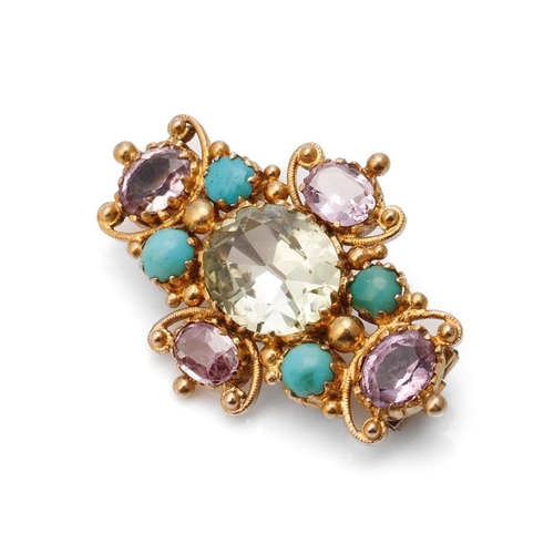 393 - Tests as 9ct gold (or better) lady's brooch, set citrine, turqouise and amethyst stones, 3.6 grams, ... 