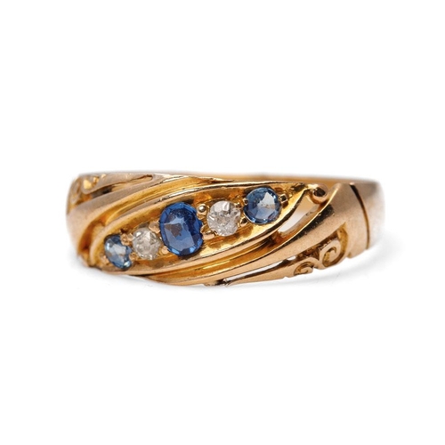 398 - 18ct yellow gold ring, set sapphires and diamonds, 2.9 grams, size R/S, Birm 1906.