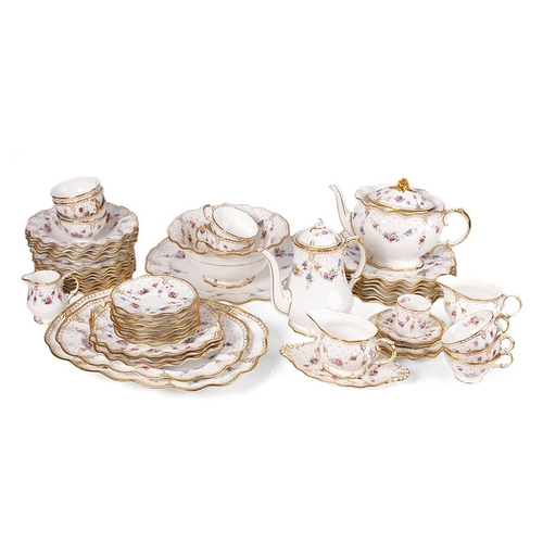 A fifty-six piece Royal Crown Derby Royal Antoinette tea and dinner set to include a teapot, a coffee pot, 7 shaped edge 26.5cm dinner plates, a large 24cm footed bowl, a large 3cm circular platter / plate, 2 graduated platters, 2 jugs, 4 soup bowls, 3 cake plates, 9 cups, 8 saucers, 8 side plates and others (56 pieces).