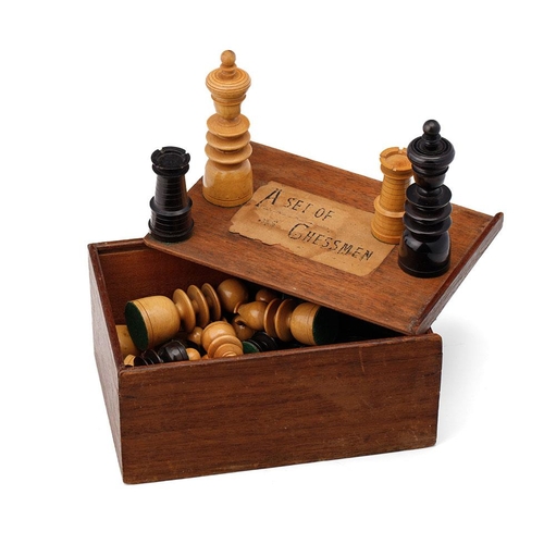 63 - 19th century chessmen, boxwood set ' A Set of Chessmen'. King height 11cm in original box.