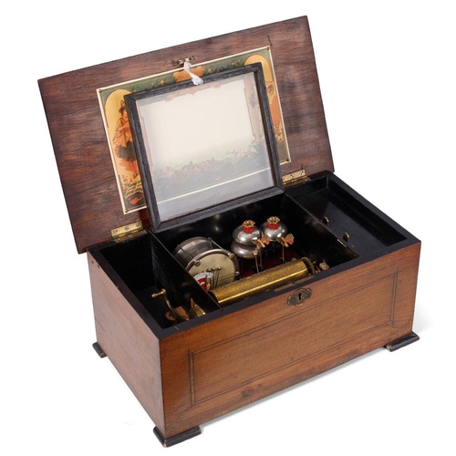 19th century Swiss musical box, inlaid rosewood case, with crank-wind mechanism playing 8 tunes on a cylinder, 3 butterfly bells, a drum and a later pictorial tune card to the lid, 47cm x 28cm.