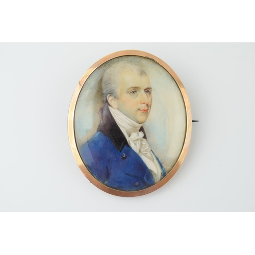 104 - Oval portrait miniature on ivory of a gentleman, in 9ct gold frame, bears monogram DM in gold laid t... 