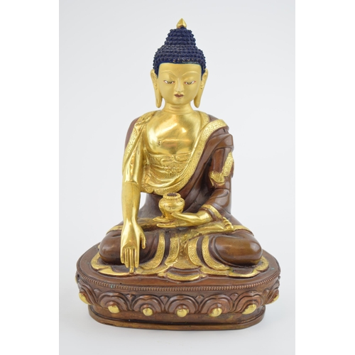 131 - Medicin Buddha in bronze metal with 24k giled finish to limbs and chest,  Nepal mid century. Height ... 