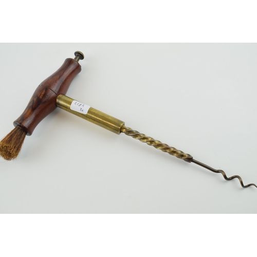 143 - Charles Hull Patent Presto corkscrew, turned wooden handle with brush, brass barrel, brass screw and... 