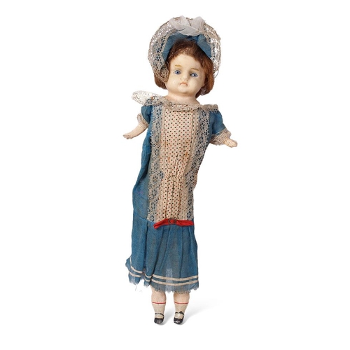 150 - Wax head antique doll in blue dress c1860. Height 54cm.