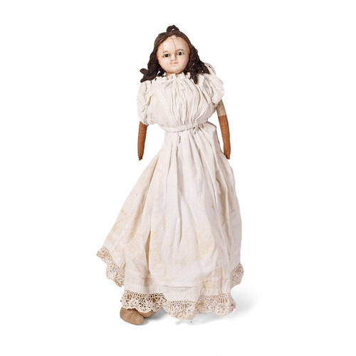 151 - Wax head antique doll in white dress with leather arms. Height 59cm. c1840.