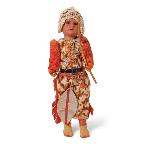 153 - Antique AM male doll, Made in Germany 14/0. Dressed in hunting attire with bow and shelf. Height 32c... 