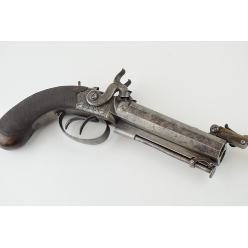 178 - c19th Double Barrel Percussion Cap Pistol with Fitted Bayonet is spring loaded and is working, proof... 