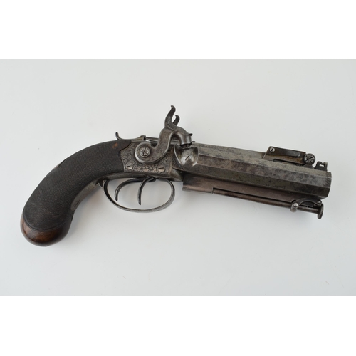 178 - c19th Double Barrel Percussion Cap Pistol with Fitted Bayonet is spring loaded and is working, proof... 