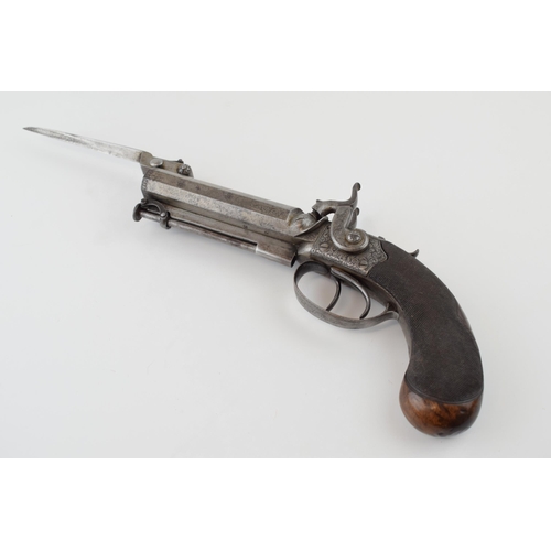 178 - c19th Double Barrel Percussion Cap Pistol with Fitted Bayonet is spring loaded and is working, proof... 