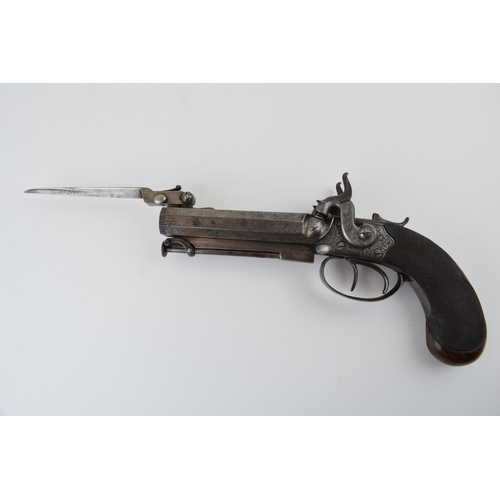 178 - c19th Double Barrel Percussion Cap Pistol with Fitted Bayonet is spring loaded and is working, proof... 