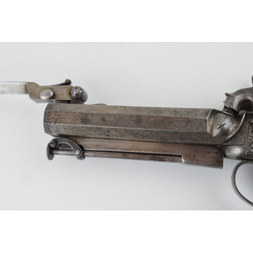 178 - c19th Double Barrel Percussion Cap Pistol with Fitted Bayonet is spring loaded and is working, proof... 