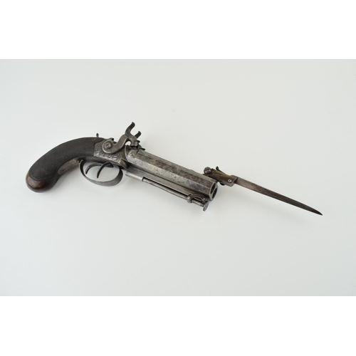 178 - c19th Double Barrel Percussion Cap Pistol with Fitted Bayonet is spring loaded and is working, proof... 