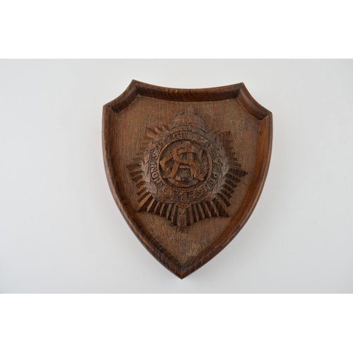 183 - WW1 Kings Crown Army Service Corps Carved Oak Wooden Shield Plaque 19cm by 17cm