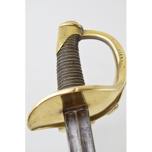 186 - Early 19th century French cuirassiers broadsword, dated 1822, brass 4-bar hilt, with leather grip co... 