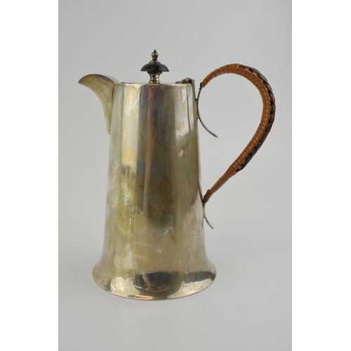 192 - Hallmarked sterling silver coffee pot with ebonised finial and wicker handle, Walker and Hall, Sheff... 