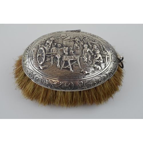 203 - A silver hunting jacket brush with repousse country scene depicting horse and cart, drinking trough ... 